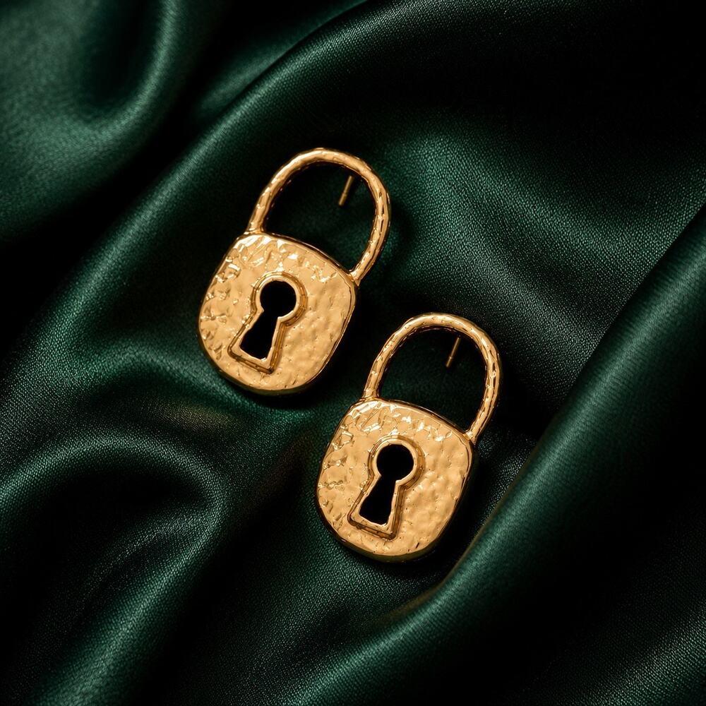 Padlock Earrings Chunky Keyhole Gold Hammered Stud Steampunk Boho Statement